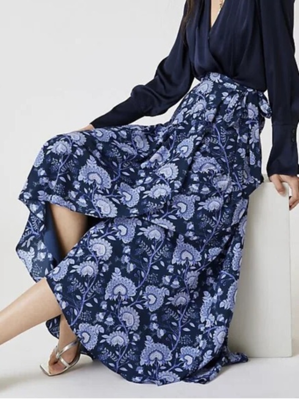 Anthropologie XL Hutch Blue Floral Print Boho Wrap Tie-Waist Maxi Skirt